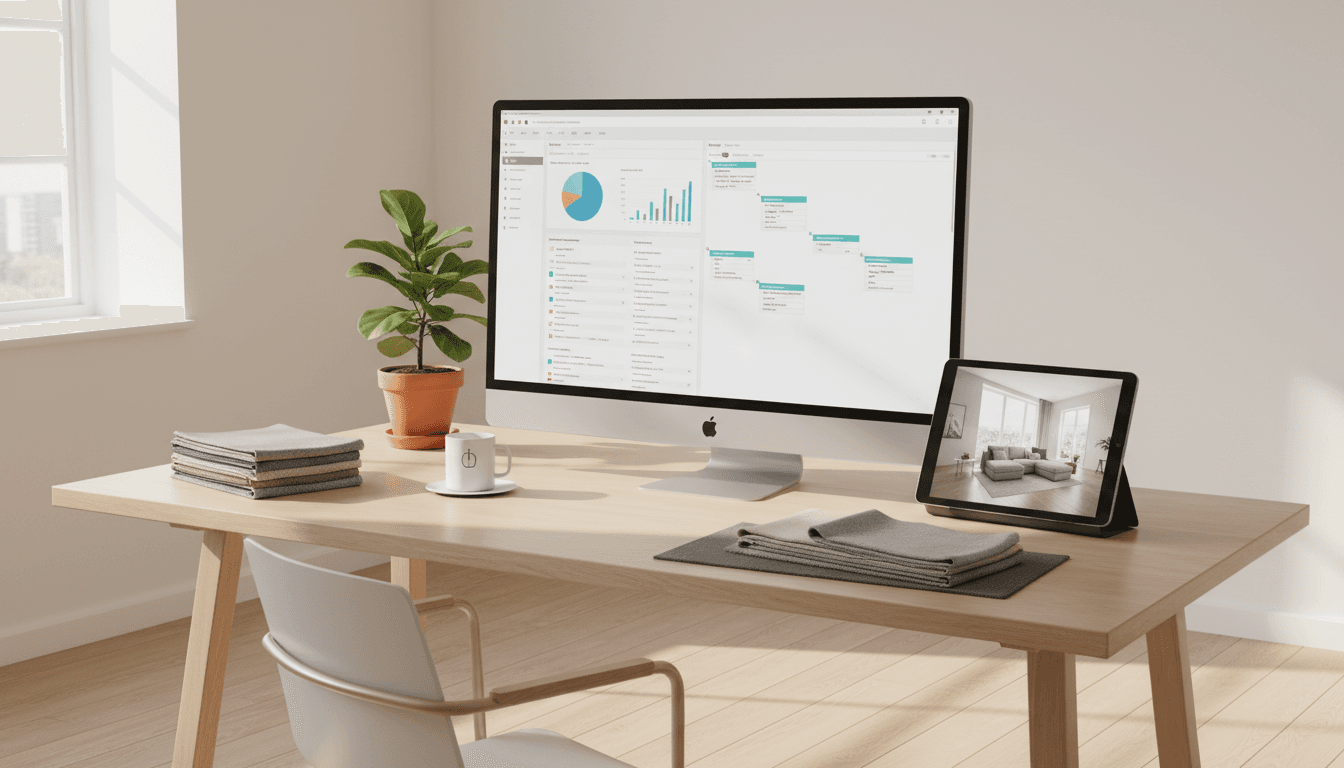 Modern interior design studio workspace with multiple software tools on screen